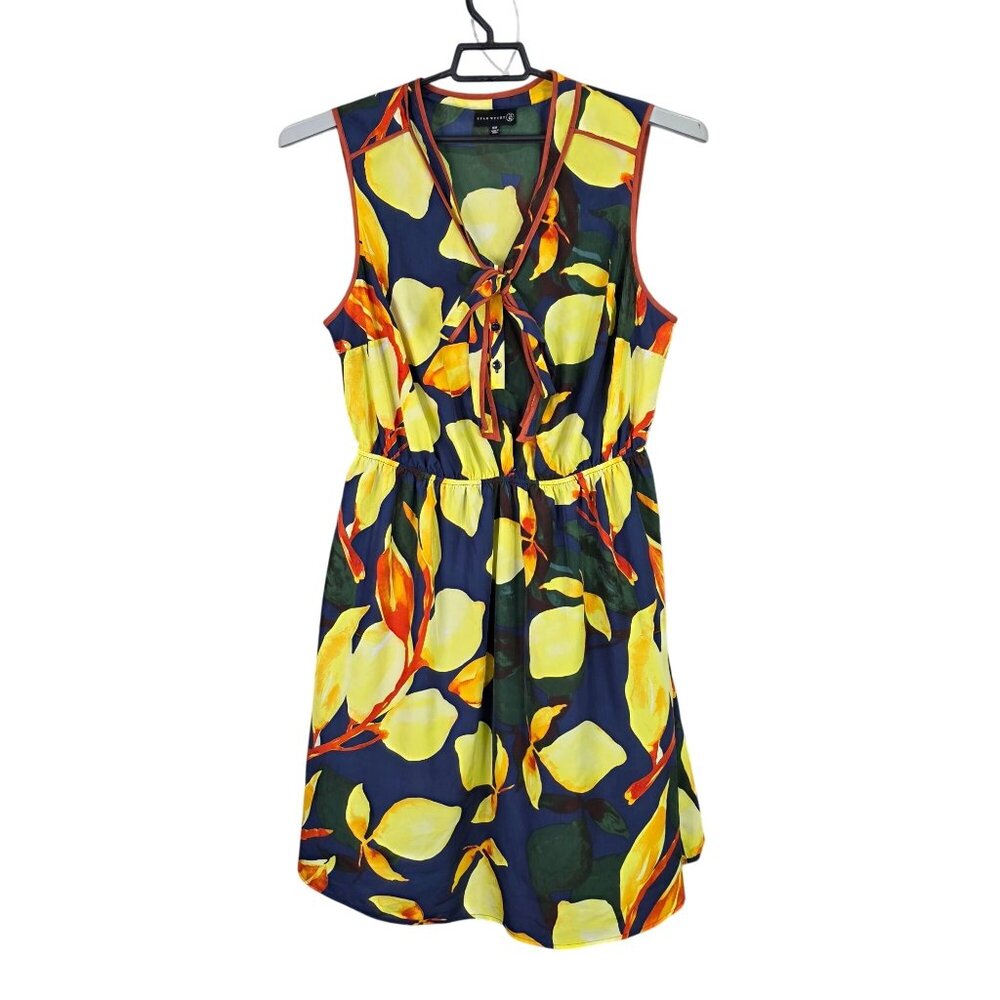 Womens Ryan Wythe Blue & Yellow Lemon Print Dress V Neck Sleeveless Lined 16W